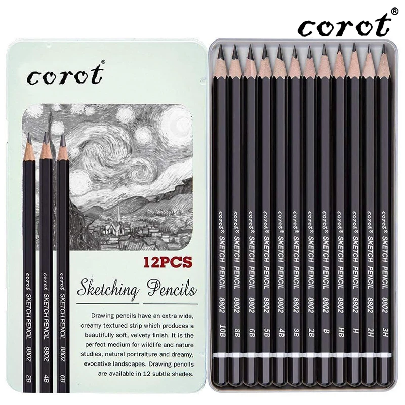 COROT Sketching Wood Pencils 12 Pcs H+B , • Perfect Pencils Details & Texture (KLSMQB0015-3)